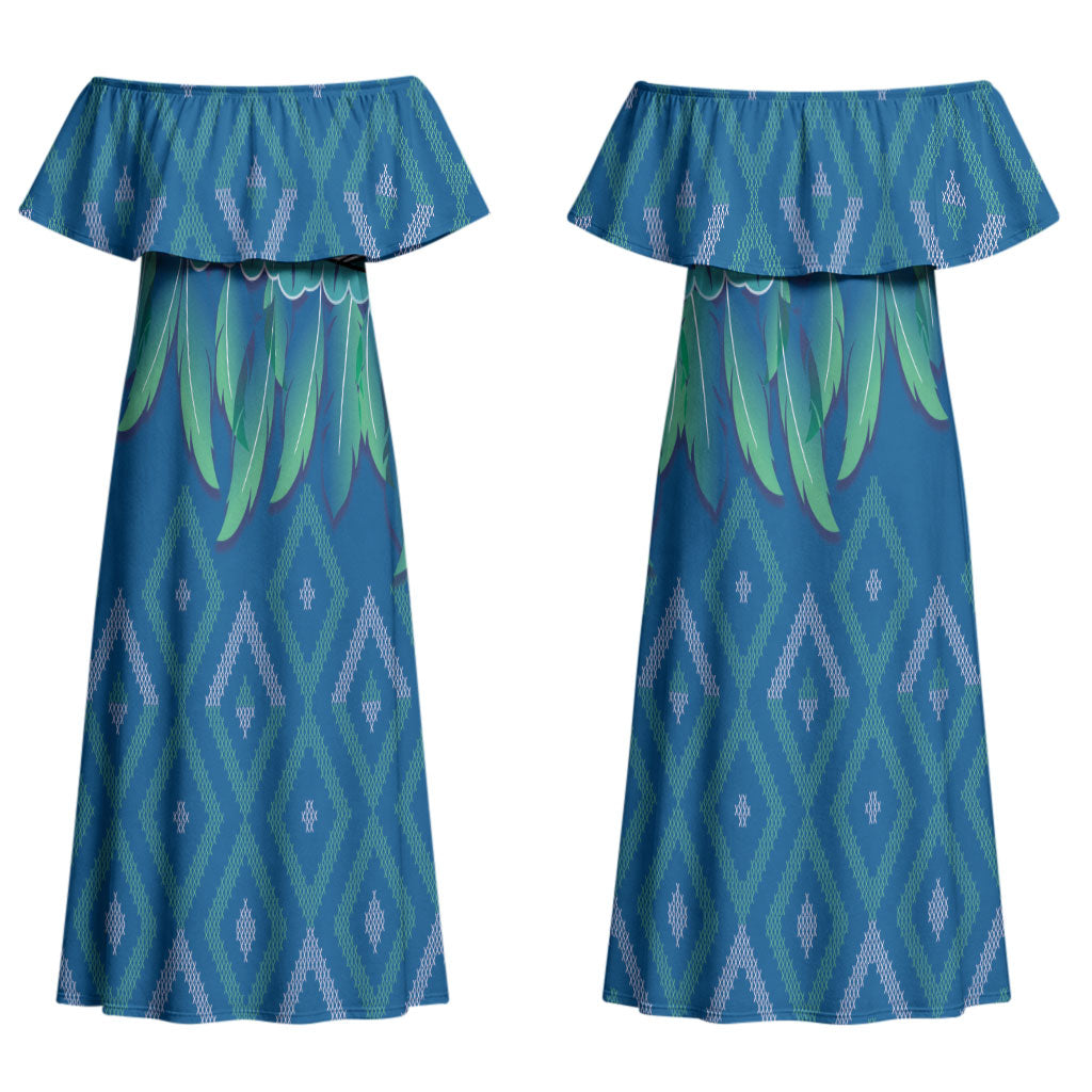 Aotearoa Maori Ngati Kahungunu Iwi Paua Blue Couples Matching Off Shoulder Maxi Dress and Hawaiian Shirt Korowai Tukutuku Kaokao Motifs