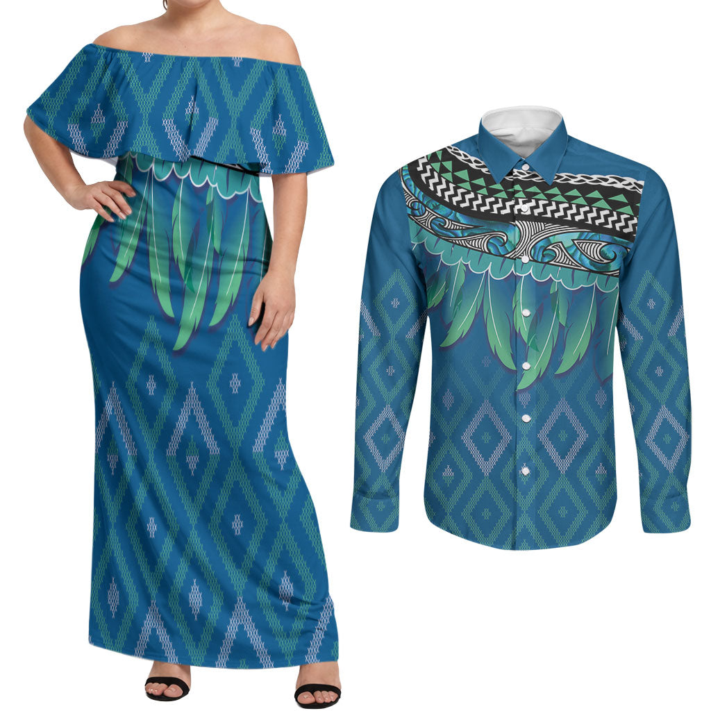 Aotearoa Maori Ngati Kahungunu Iwi Paua Blue Couples Matching Off Shoulder Maxi Dress and Long Sleeve Button Shirt Korowai Tukutuku Kaokao Motifs