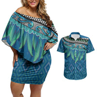 Aotearoa Maori Ngati Kahungunu Iwi Paua Blue Couples Matching Off Shoulder Short Dress and Hawaiian Shirt Korowai Tukutuku Kaokao Motifs