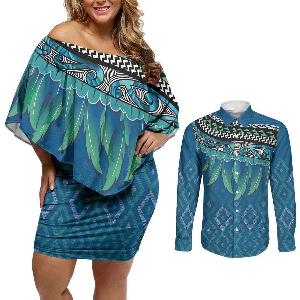 Aotearoa Maori Ngati Kahungunu Iwi Paua Blue Couples Matching Off Shoulder Short Dress and Long Sleeve Button Shirt Korowai Tukutuku Kaokao Motifs