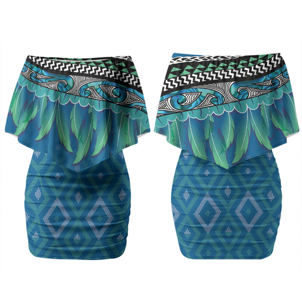 Aotearoa Maori Ngati Kahungunu Iwi Paua Blue Couples Matching Off Shoulder Short Dress and Long Sleeve Button Shirt Korowai Tukutuku Kaokao Motifs
