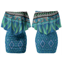 Aotearoa Maori Ngati Kahungunu Iwi Paua Blue Couples Matching Off Shoulder Short Dress and Long Sleeve Button Shirt Korowai Tukutuku Kaokao Motifs