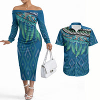 Aotearoa Maori Ngati Kahungunu Iwi Paua Blue Couples Matching Off The Shoulder Long Sleeve Dress and Hawaiian Shirt Korowai Tukutuku Kaokao Motifs