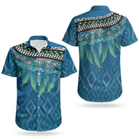 Aotearoa Maori Ngati Kahungunu Iwi Paua Blue Couples Matching Off The Shoulder Long Sleeve Dress and Hawaiian Shirt Korowai Tukutuku Kaokao Motifs