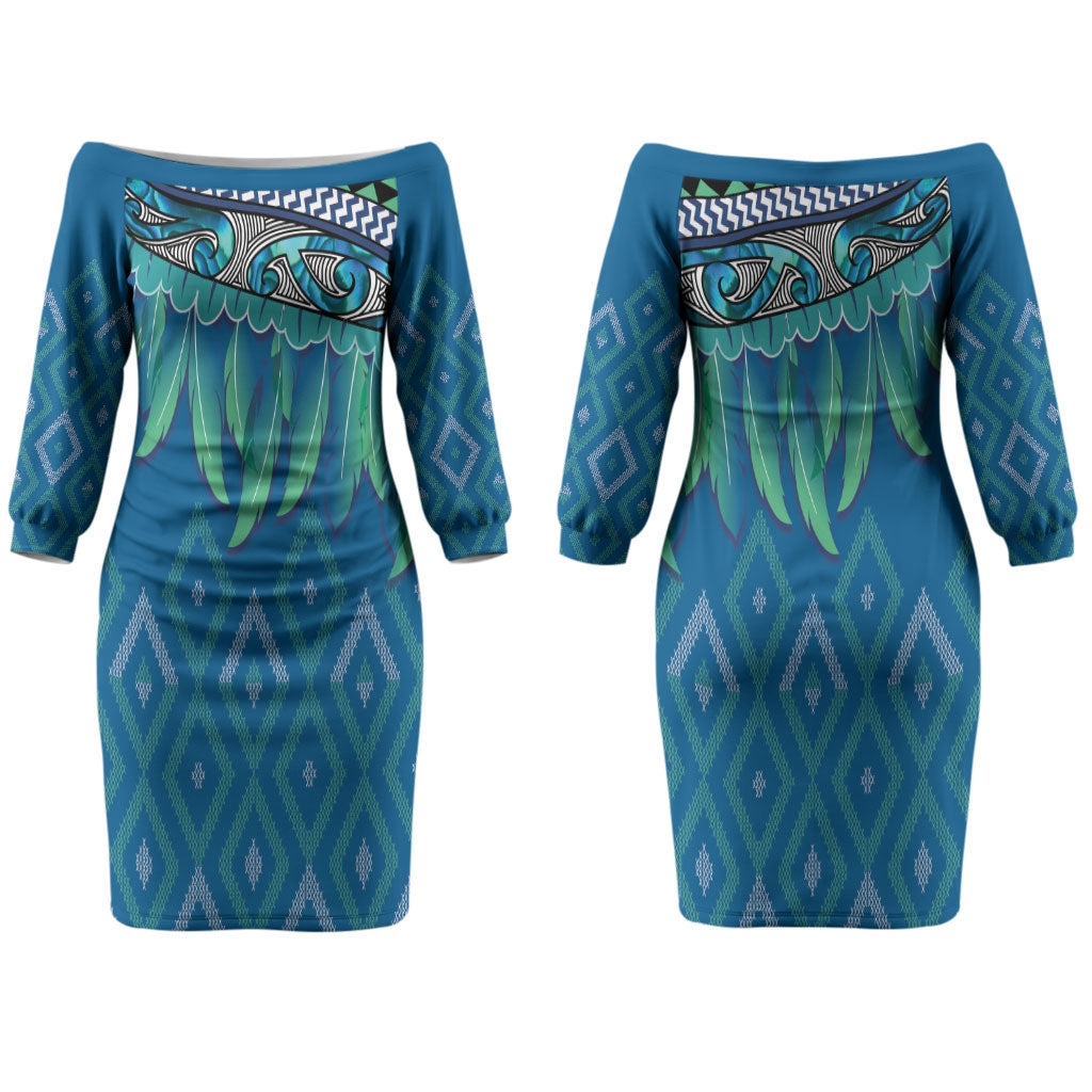 Aotearoa Maori Ngati Kahungunu Iwi Paua Blue Couples Matching Off The Shoulder Long Sleeve Dress and Hawaiian Shirt Korowai Tukutuku Kaokao Motifs