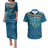 Aotearoa Maori Ngati Kahungunu Iwi Paua Blue Couples Matching Puletasi and Hawaiian Shirt Korowai Tukutuku Kaokao Motifs