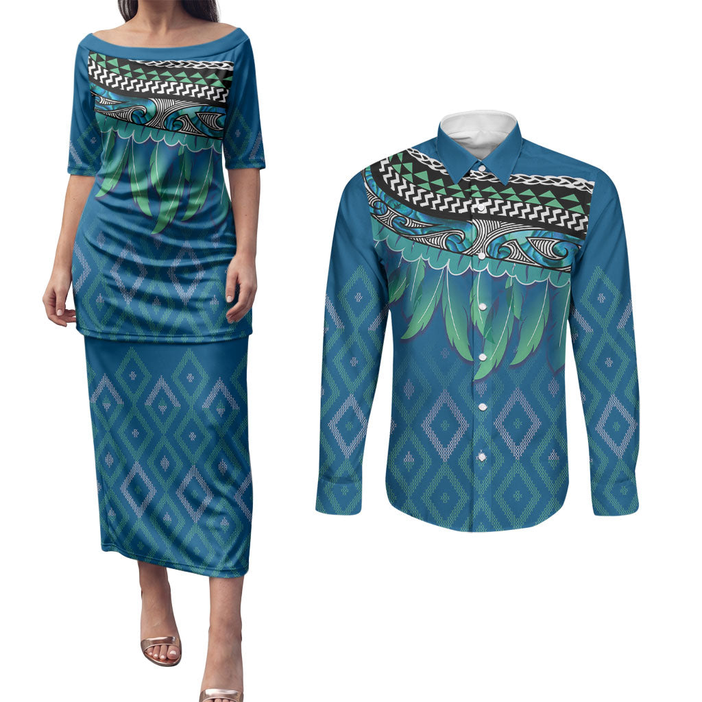 Aotearoa Maori Ngati Kahungunu Iwi Paua Blue Couples Matching Puletasi and Long Sleeve Button Shirt Korowai Tukutuku Kaokao Motifs