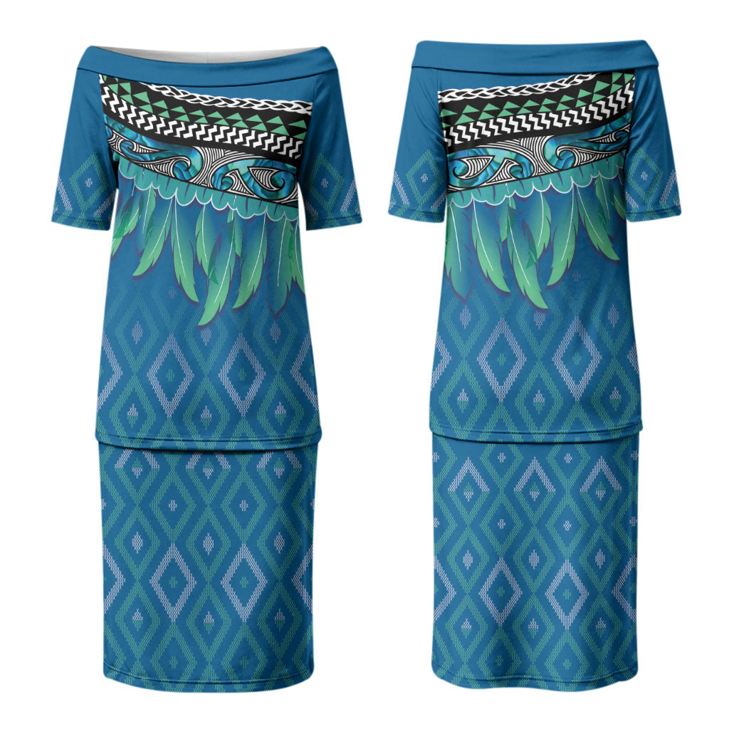 Aotearoa Maori Ngati Kahungunu Iwi Paua Blue Couples Matching Puletasi and Long Sleeve Button Shirt Korowai Tukutuku Kaokao Motifs