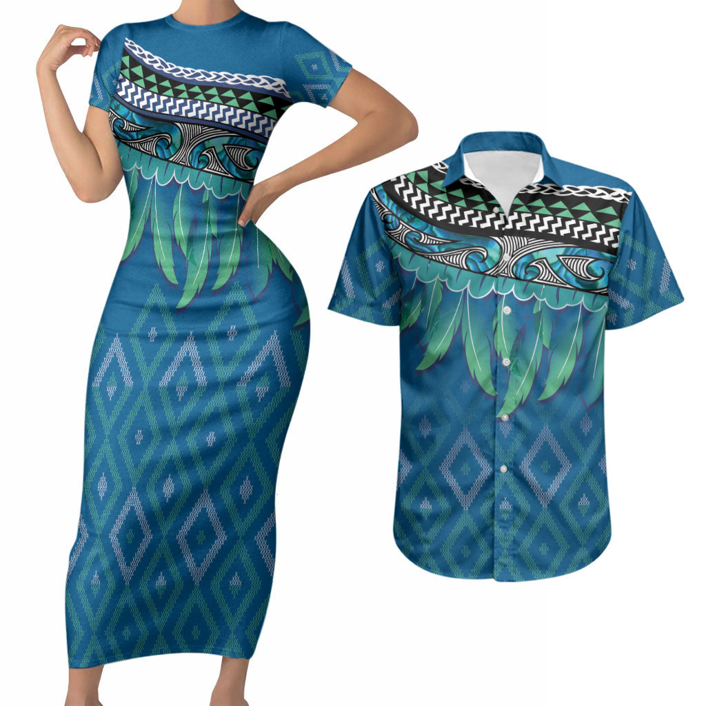 Aotearoa Maori Ngati Kahungunu Iwi Paua Blue Couples Matching Short Sleeve Bodycon Dress and Hawaiian Shirt Korowai Tukutuku Kaokao Motifs