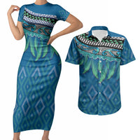 Aotearoa Maori Ngati Kahungunu Iwi Paua Blue Couples Matching Short Sleeve Bodycon Dress and Hawaiian Shirt Korowai Tukutuku Kaokao Motifs