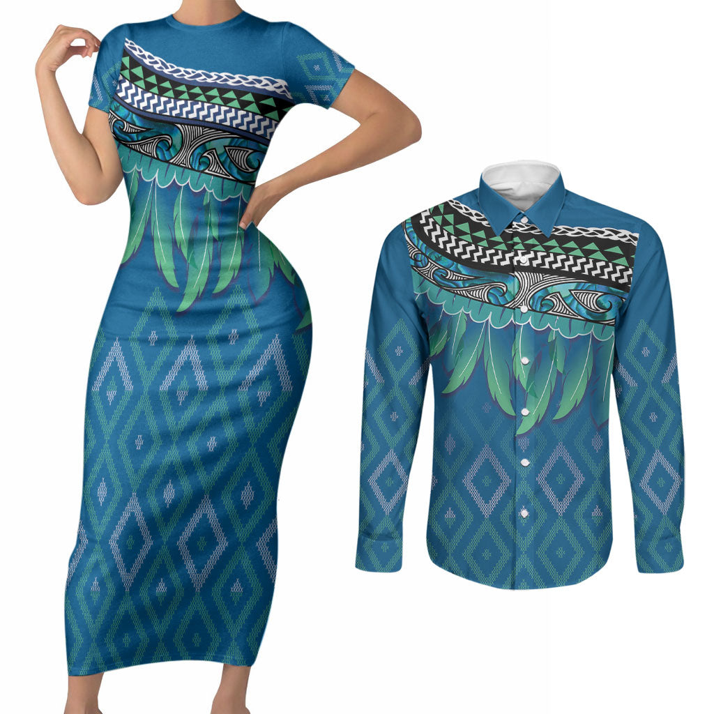 Aotearoa Maori Ngati Kahungunu Iwi Paua Blue Couples Matching Short Sleeve Bodycon Dress and Long Sleeve Button Shirt Korowai Tukutuku Kaokao Motifs