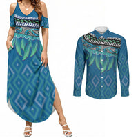 Aotearoa Maori Ngati Kahungunu Iwi Paua Blue Couples Matching Summer Maxi Dress and Long Sleeve Button Shirt Korowai Tukutuku Kaokao Motifs