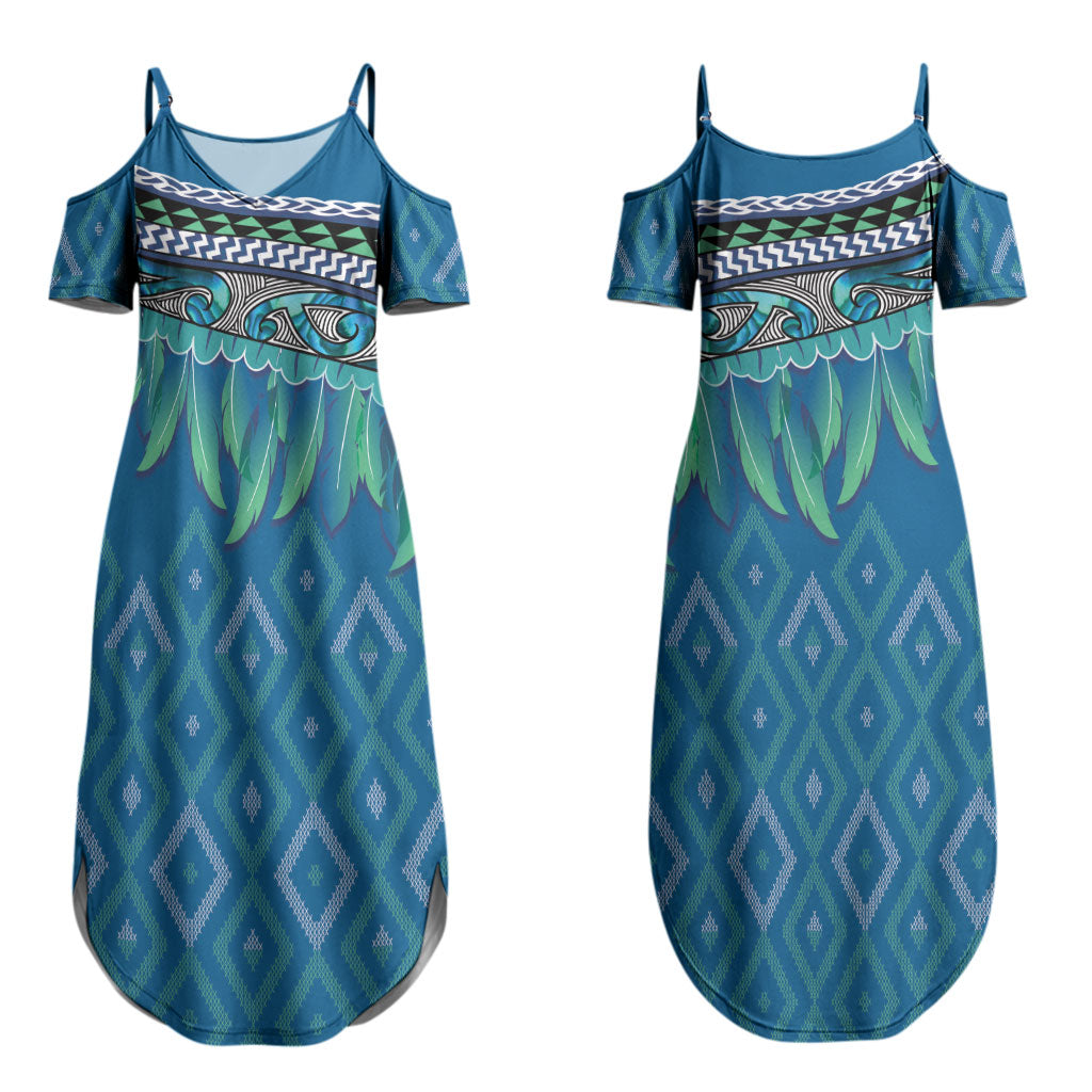 Aotearoa Maori Ngati Kahungunu Iwi Paua Blue Couples Matching Summer Maxi Dress and Long Sleeve Button Shirt Korowai Tukutuku Kaokao Motifs