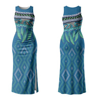 Aotearoa Maori Ngati Kahungunu Iwi Paua Blue Couples Matching Tank Maxi Dress and Hawaiian Shirt Korowai Tukutuku Kaokao Motifs