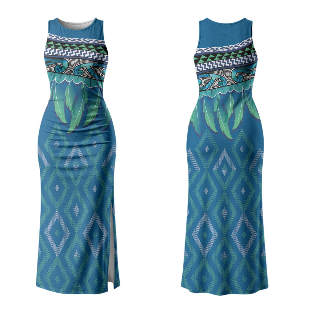 Aotearoa Maori Ngati Kahungunu Iwi Paua Blue Couples Matching Tank Maxi Dress and Long Sleeve Button Shirt Korowai Tukutuku Kaokao Motifs