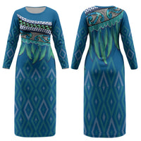 Aotearoa Maori Ngati Kahungunu Iwi Paua Blue Family Matching Long Sleeve Bodycon Dress and Hawaiian Shirt Korowai Tukutuku Kaokao Motifs