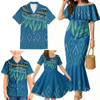 Aotearoa Maori Ngati Kahungunu Iwi Paua Blue Family Matching Mermaid Dress and Hawaiian Shirt Korowai Tukutuku Kaokao Motifs