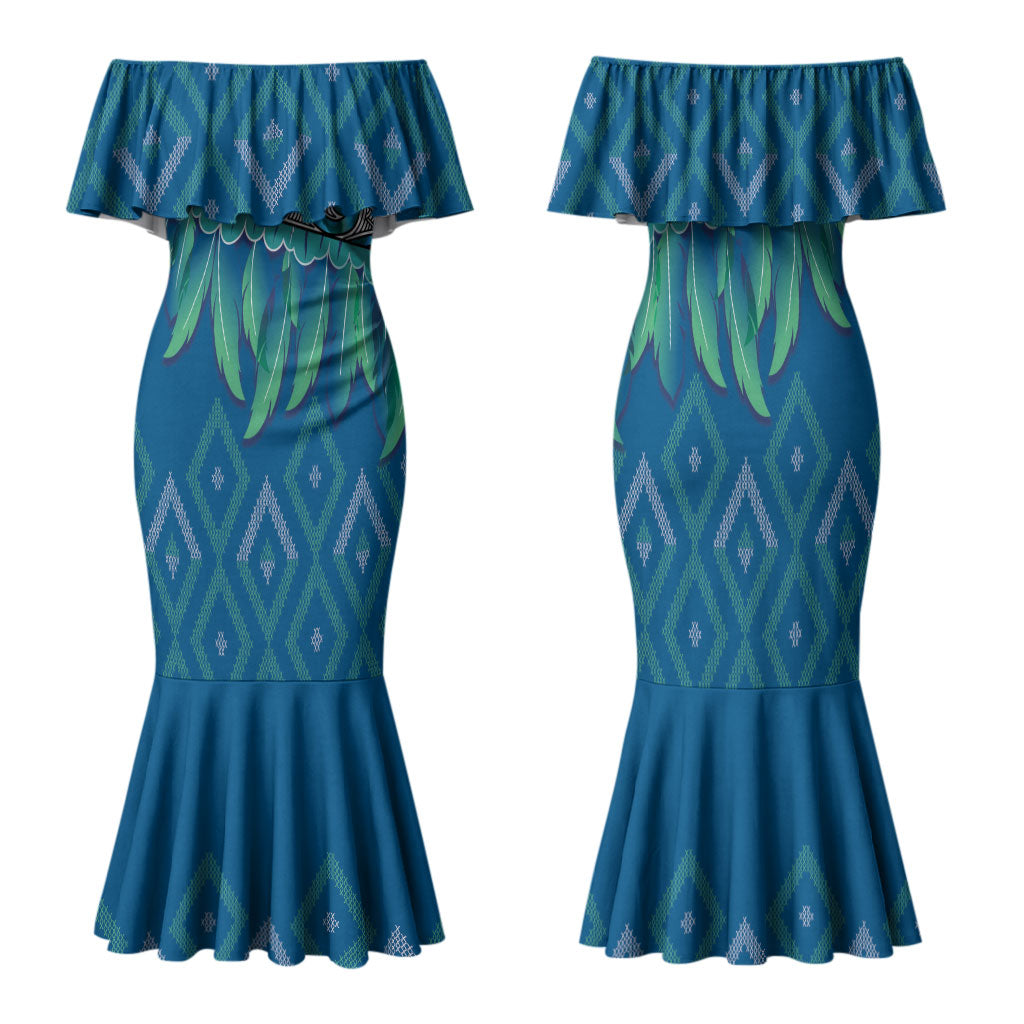 Aotearoa Maori Ngati Kahungunu Iwi Paua Blue Family Matching Mermaid Dress and Hawaiian Shirt Korowai Tukutuku Kaokao Motifs