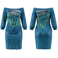 Aotearoa Maori Ngati Kahungunu Iwi Paua Blue Family Matching Off The Shoulder Long Sleeve Dress and Hawaiian Shirt Korowai Tukutuku Kaokao Motifs