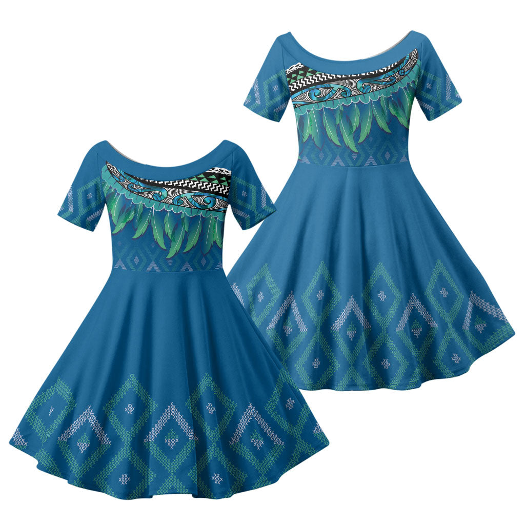 Aotearoa Maori Ngati Kahungunu Iwi Paua Blue Family Matching Off The Shoulder Long Sleeve Dress and Hawaiian Shirt Korowai Tukutuku Kaokao Motifs