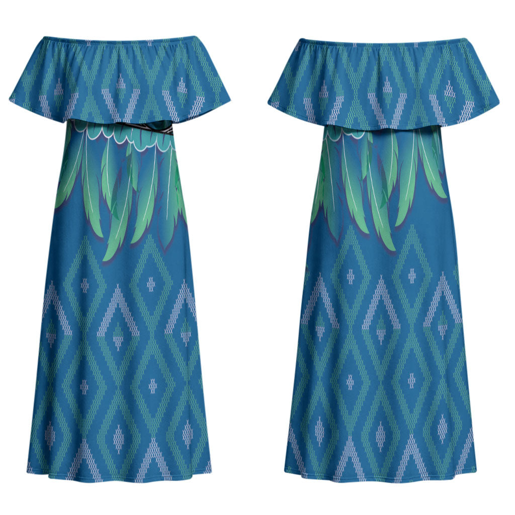 Aotearoa Maori Ngati Kahungunu Iwi Paua Blue Family Matching Off Shoulder Maxi Dress and Hawaiian Shirt Korowai Tukutuku Kaokao Motifs