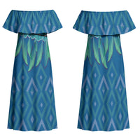Aotearoa Maori Ngati Kahungunu Iwi Paua Blue Family Matching Off Shoulder Maxi Dress and Hawaiian Shirt Korowai Tukutuku Kaokao Motifs
