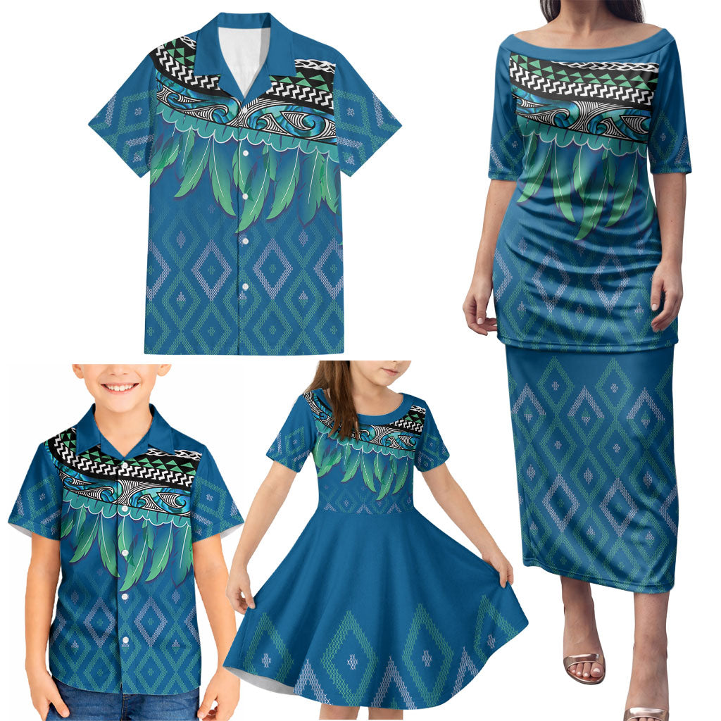 Aotearoa Maori Ngati Kahungunu Iwi Paua Blue Family Matching Puletasi and Hawaiian Shirt Korowai Tukutuku Kaokao Motifs