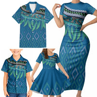 Aotearoa Maori Ngati Kahungunu Iwi Paua Blue Family Matching Short Sleeve Bodycon Dress and Hawaiian Shirt Korowai Tukutuku Kaokao Motifs