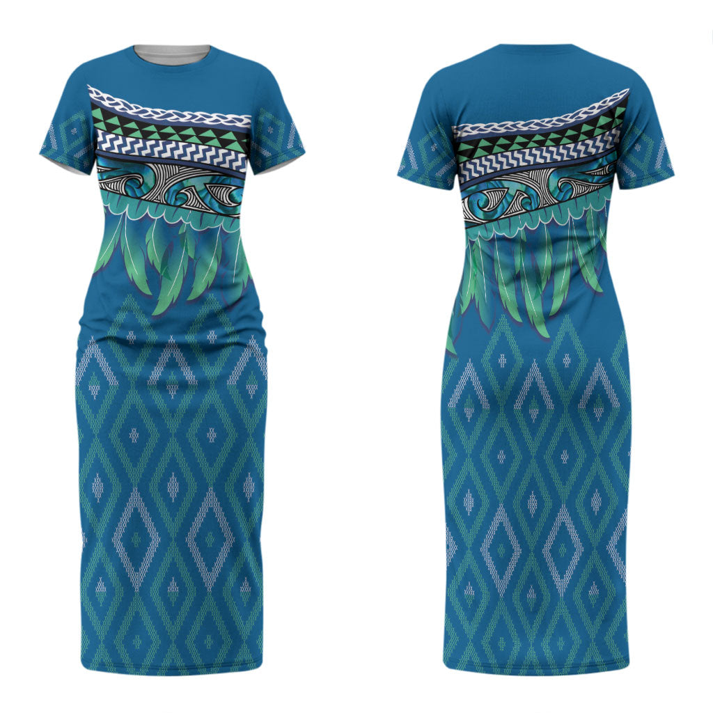 Aotearoa Maori Ngati Kahungunu Iwi Paua Blue Family Matching Short Sleeve Bodycon Dress and Hawaiian Shirt Korowai Tukutuku Kaokao Motifs