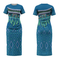 Aotearoa Maori Ngati Kahungunu Iwi Paua Blue Family Matching Short Sleeve Bodycon Dress and Hawaiian Shirt Korowai Tukutuku Kaokao Motifs