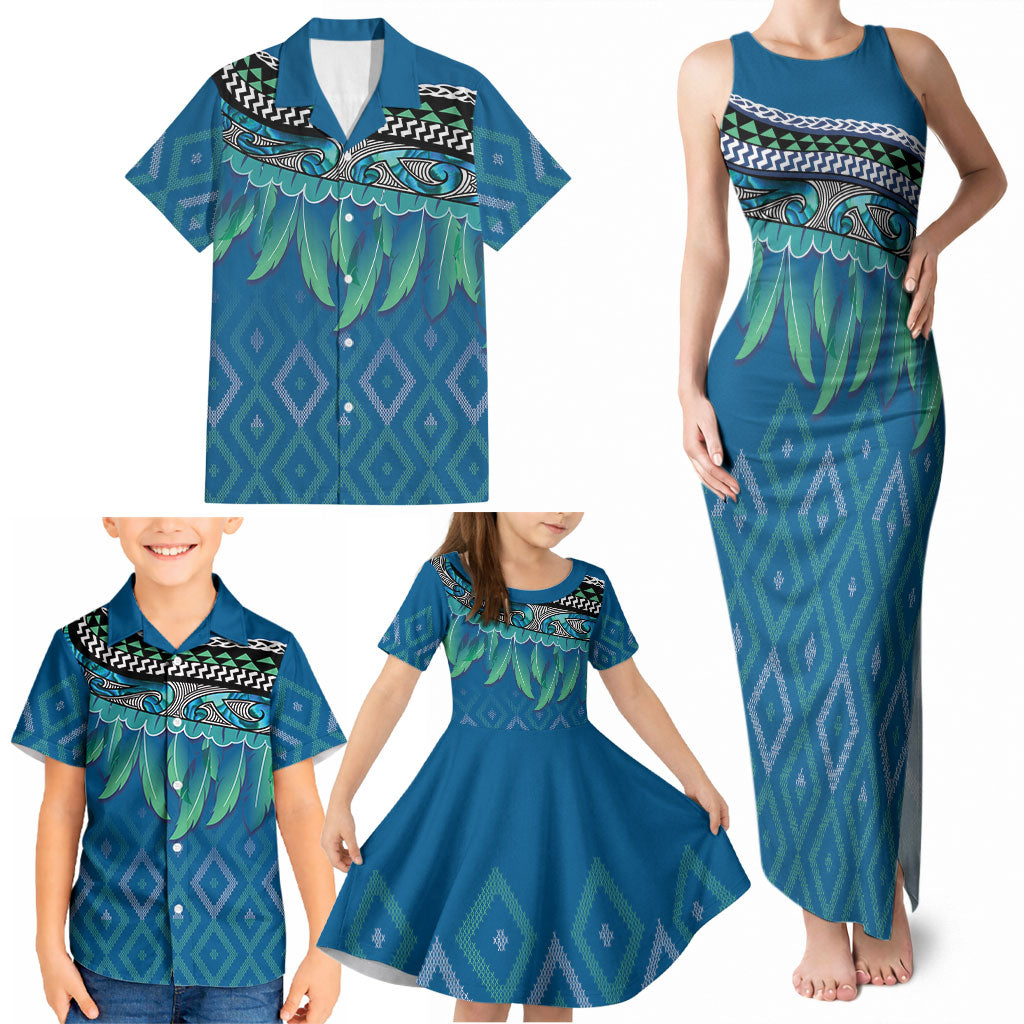 Aotearoa Maori Ngati Kahungunu Iwi Paua Blue Family Matching Tank Maxi Dress and Hawaiian Shirt Korowai Tukutuku Kaokao Motifs
