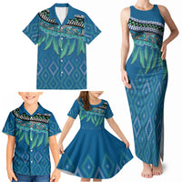 Aotearoa Maori Ngati Kahungunu Iwi Paua Blue Family Matching Tank Maxi Dress and Hawaiian Shirt Korowai Tukutuku Kaokao Motifs