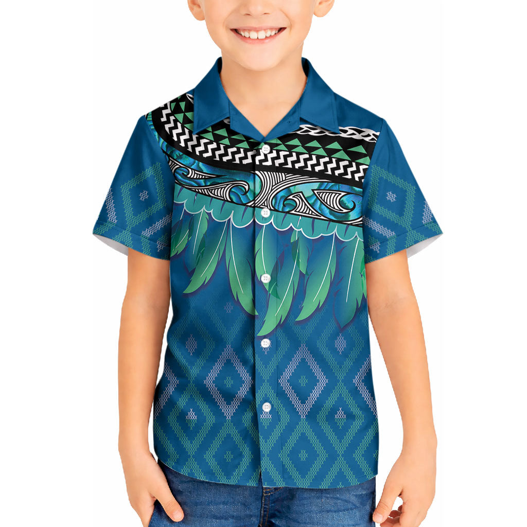Aotearoa Maori Ngati Kahungunu Iwi Paua Blue Kid Hawaiian Shirt Korowai Tukutuku Kaokao Motifs