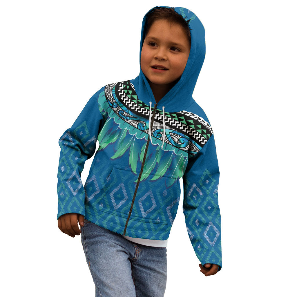 Aotearoa Maori Ngati Kahungunu Iwi Paua Blue Kid Hoodie Korowai Tukutuku Kaokao Motifs