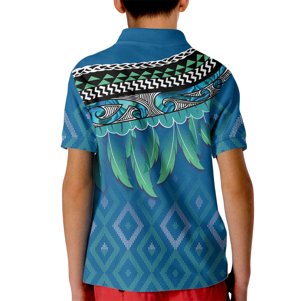 Aotearoa Maori Ngati Kahungunu Iwi Paua Blue Kid Polo Shirt Korowai Tukutuku Kaokao Motifs