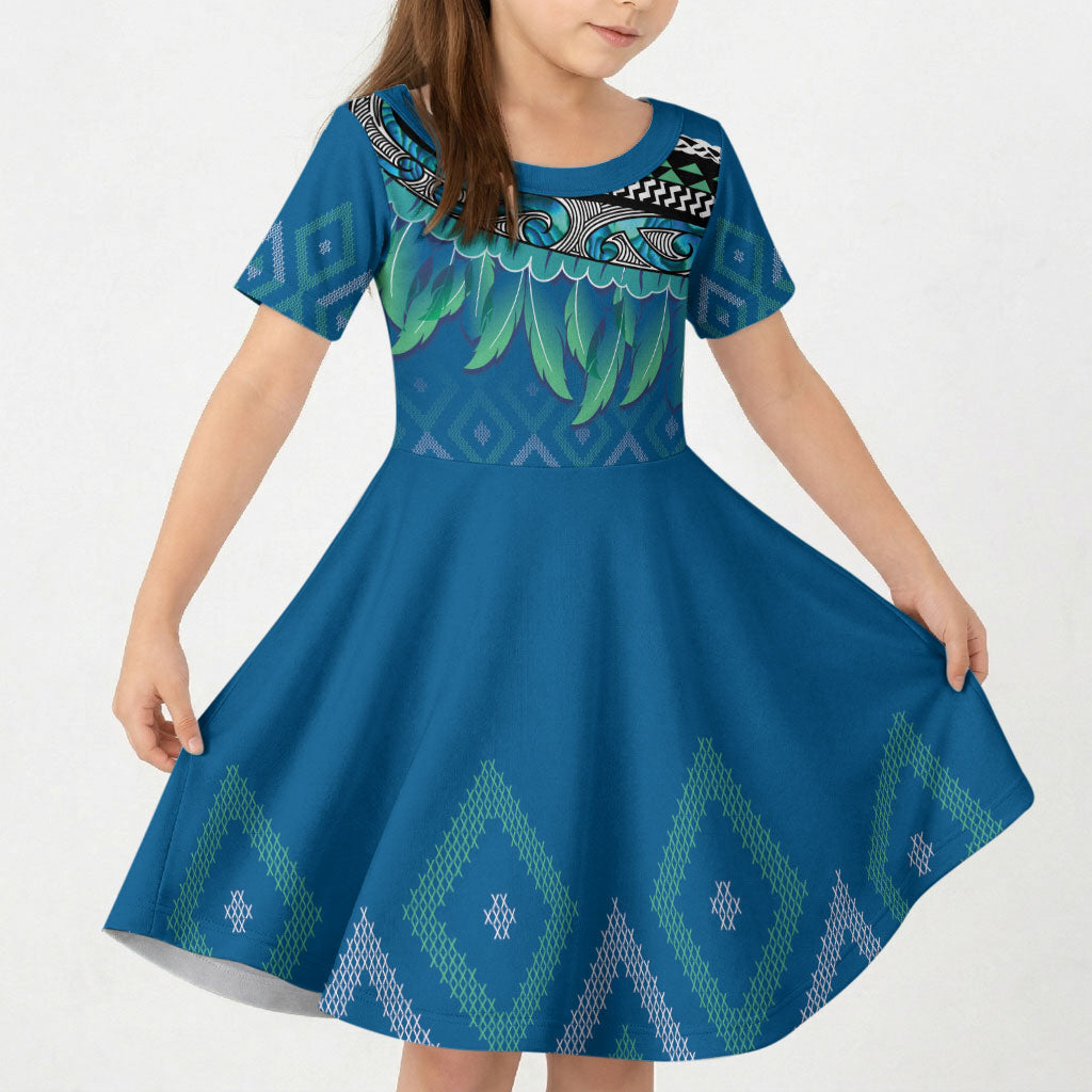 Aotearoa Maori Ngati Kahungunu Iwi Paua Blue Kid Short Sleeve Dress Korowai Tukutuku Kaokao Motifs