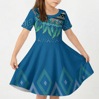 Aotearoa Maori Ngati Kahungunu Iwi Paua Blue Kid Short Sleeve Dress Korowai Tukutuku Kaokao Motifs