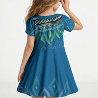Aotearoa Maori Ngati Kahungunu Iwi Paua Blue Kid Short Sleeve Dress Korowai Tukutuku Kaokao Motifs