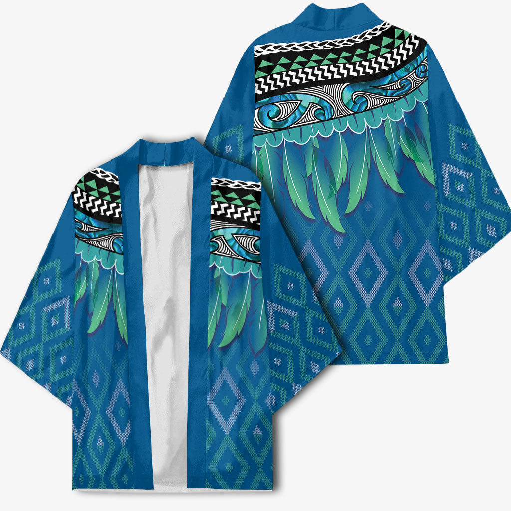 Aotearoa Maori Ngati Kahungunu Iwi Paua Blue Kimono Korowai Tukutuku Kaokao Motifs