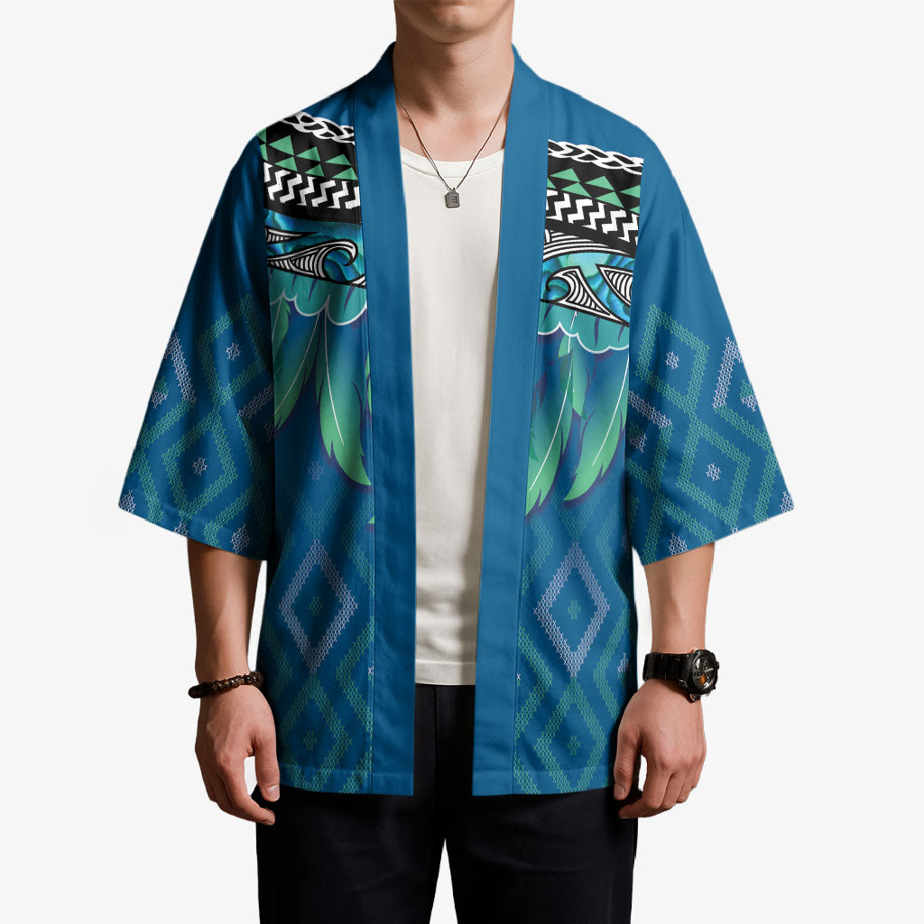 Aotearoa Maori Ngati Kahungunu Iwi Paua Blue Kimono Korowai Tukutuku Kaokao Motifs
