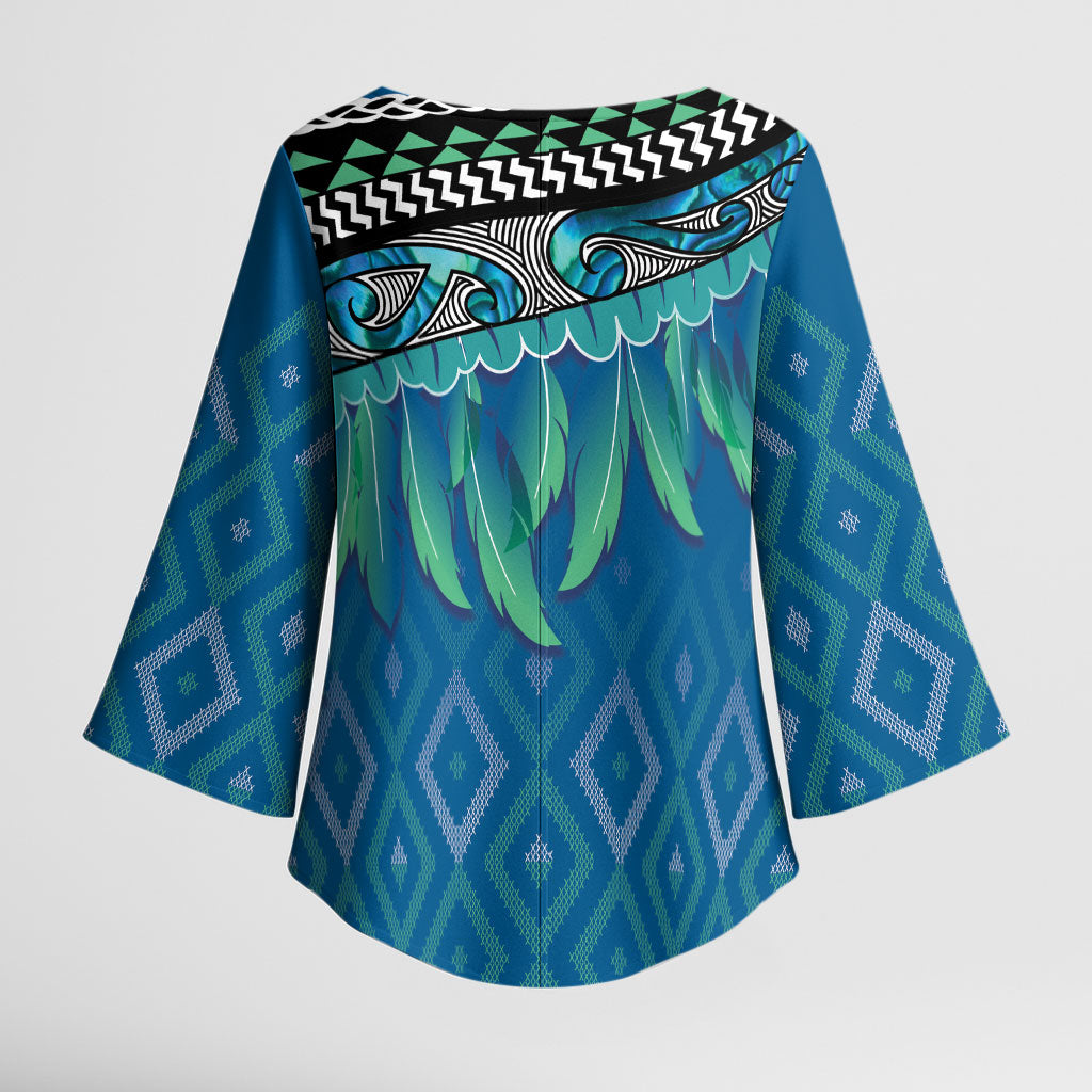Aotearoa Maori Ngati Kahungunu Iwi Paua Blue Kimono Sleeve Blouse Korowai Tukutuku Kaokao Motifs