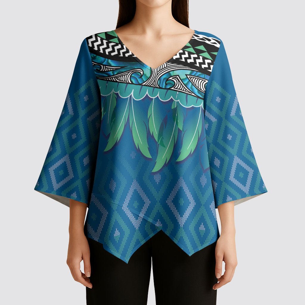 Aotearoa Maori Ngati Kahungunu Iwi Paua Blue Kimono Sleeve Blouse Korowai Tukutuku Kaokao Motifs