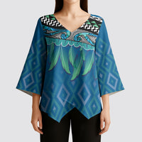 Aotearoa Maori Ngati Kahungunu Iwi Paua Blue Kimono Sleeve Blouse Korowai Tukutuku Kaokao Motifs