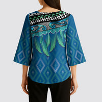 Aotearoa Maori Ngati Kahungunu Iwi Paua Blue Kimono Sleeve Blouse Korowai Tukutuku Kaokao Motifs