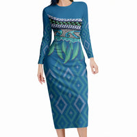 Aotearoa Maori Ngati Kahungunu Iwi Paua Blue Long Sleeve Bodycon Dress Korowai Tukutuku Kaokao Motifs