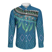 Aotearoa Maori Ngati Kahungunu Iwi Paua Blue Long Sleeve Button Shirt Korowai Tukutuku Kaokao Motifs