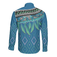 Aotearoa Maori Ngati Kahungunu Iwi Paua Blue Long Sleeve Button Shirt Korowai Tukutuku Kaokao Motifs