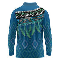 Aotearoa Maori Ngati Kahungunu Iwi Paua Blue Long Sleeve Polo Shirt Korowai Tukutuku Kaokao Motifs