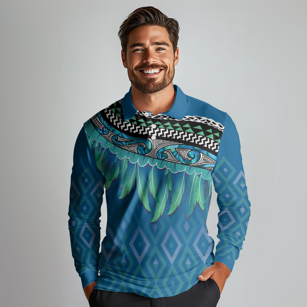 Aotearoa Maori Ngati Kahungunu Iwi Paua Blue Long Sleeve Polo Shirt Korowai Tukutuku Kaokao Motifs