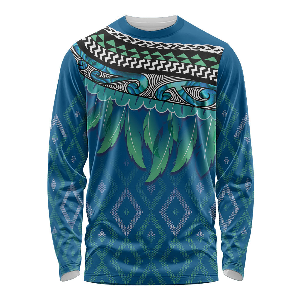 Aotearoa Maori Ngati Kahungunu Iwi Paua Blue Long Sleeve Shirt Korowai Tukutuku Kaokao Motifs